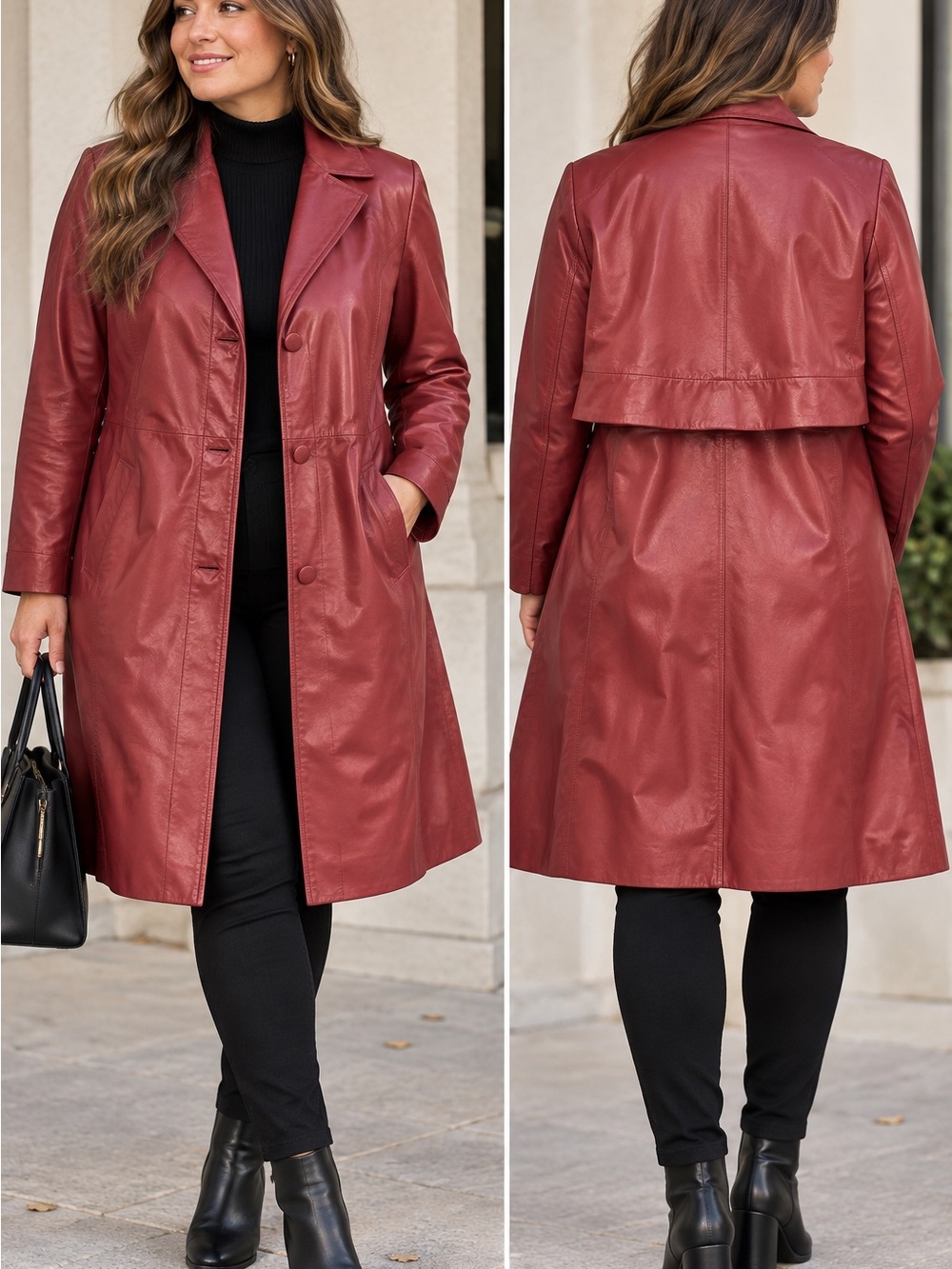 Venezia 14W Genuine Leather Burgundy Longline Trench Coat